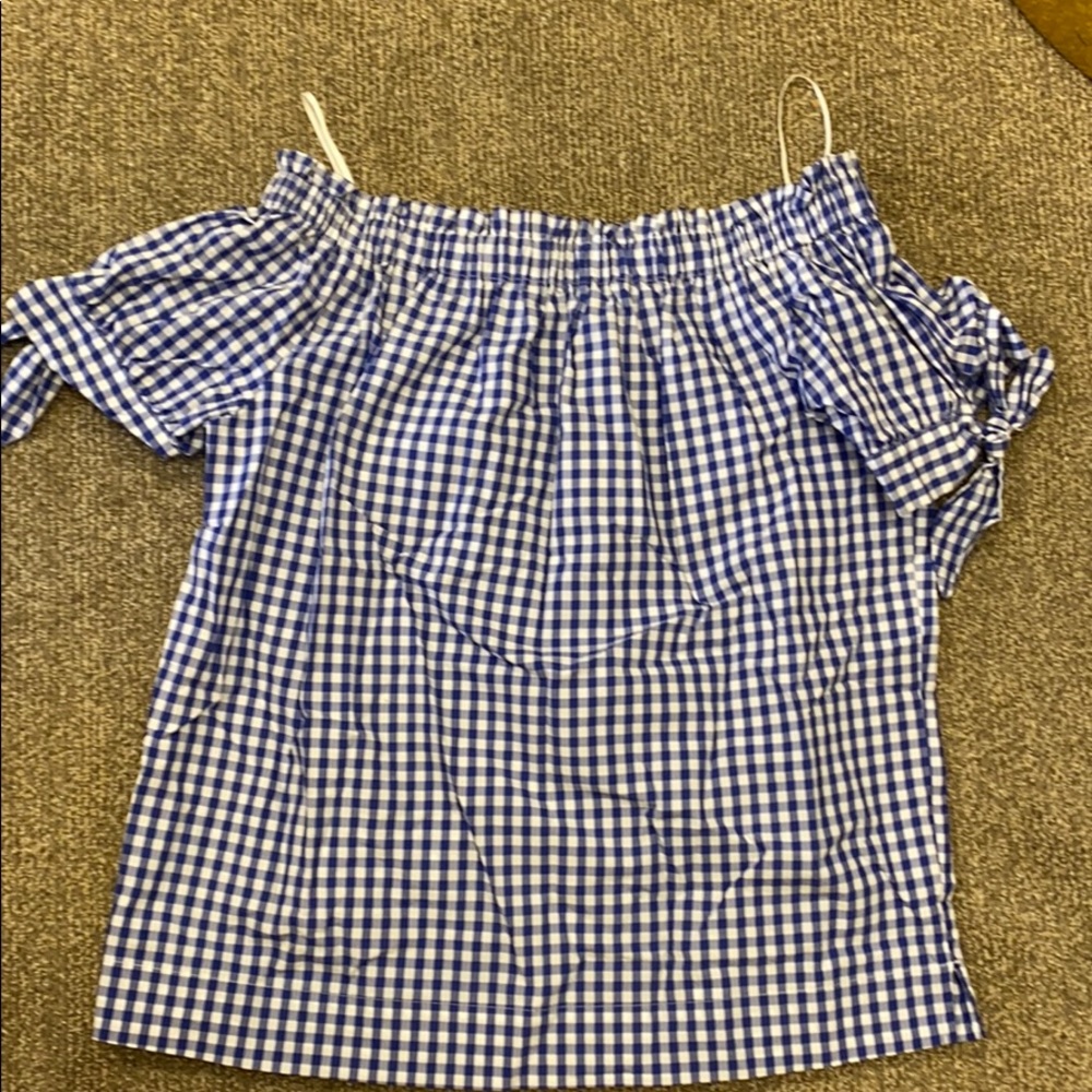 Jcrew off thee shoulder blue gingham top
